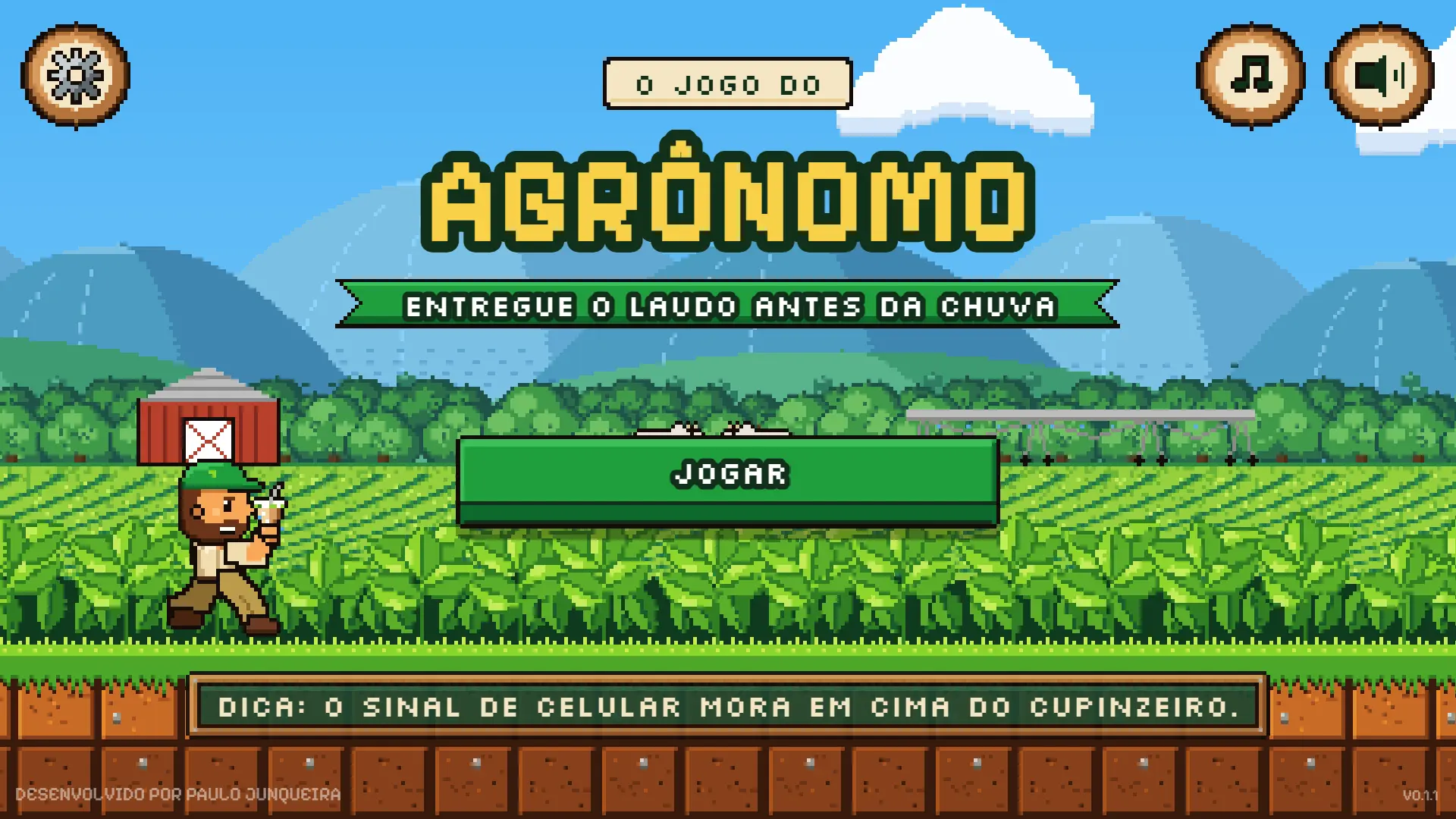 Tela inicial do jogo, com o título O Jogo do Agrônomo em pixel art, o personagem de boné na lavoura e o botão JOGAR
