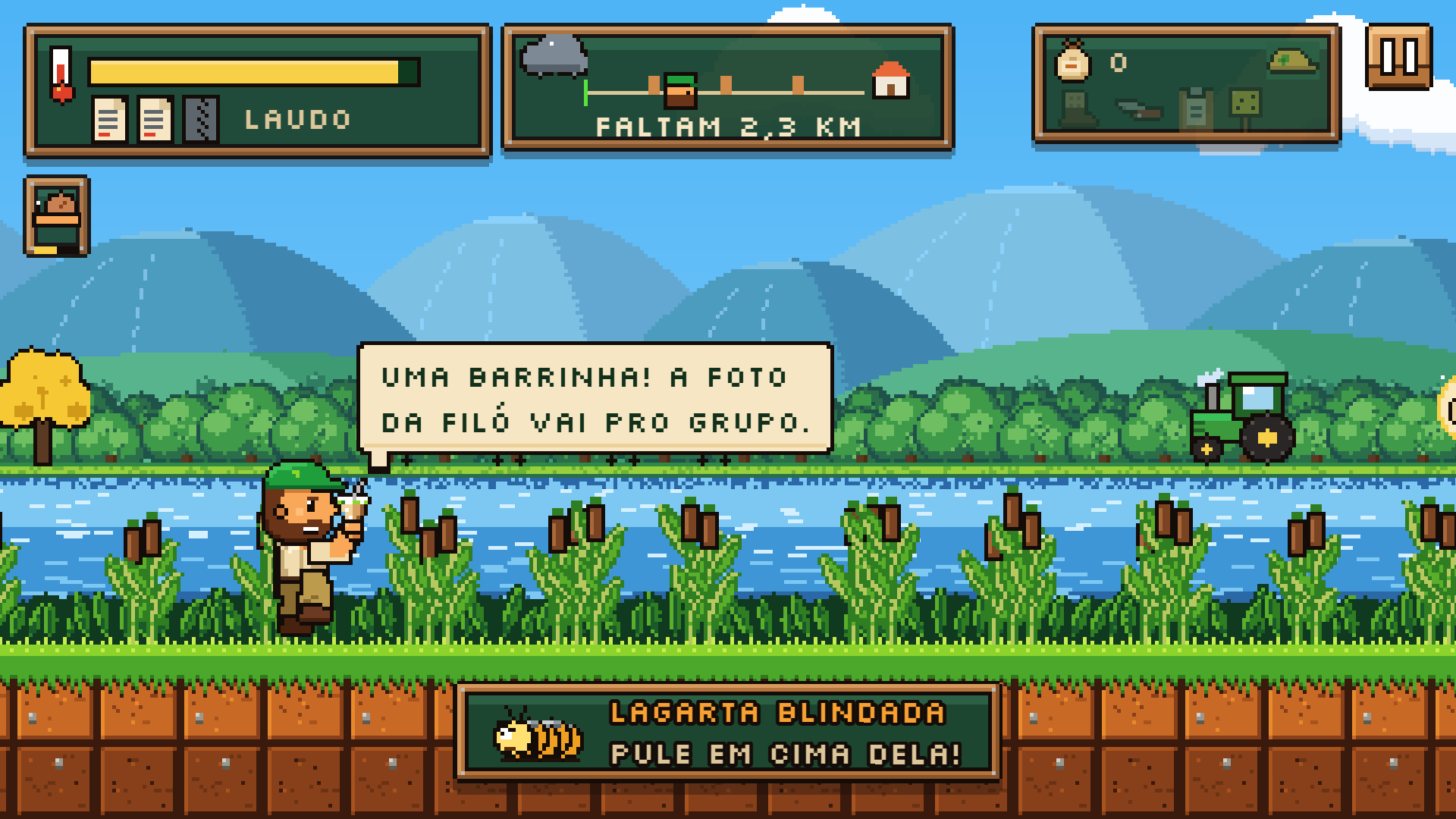 Personagem correndo ao lado de uma represa, com a barra de calor, as folhas do laudo e a distância até a sede no topo da tela