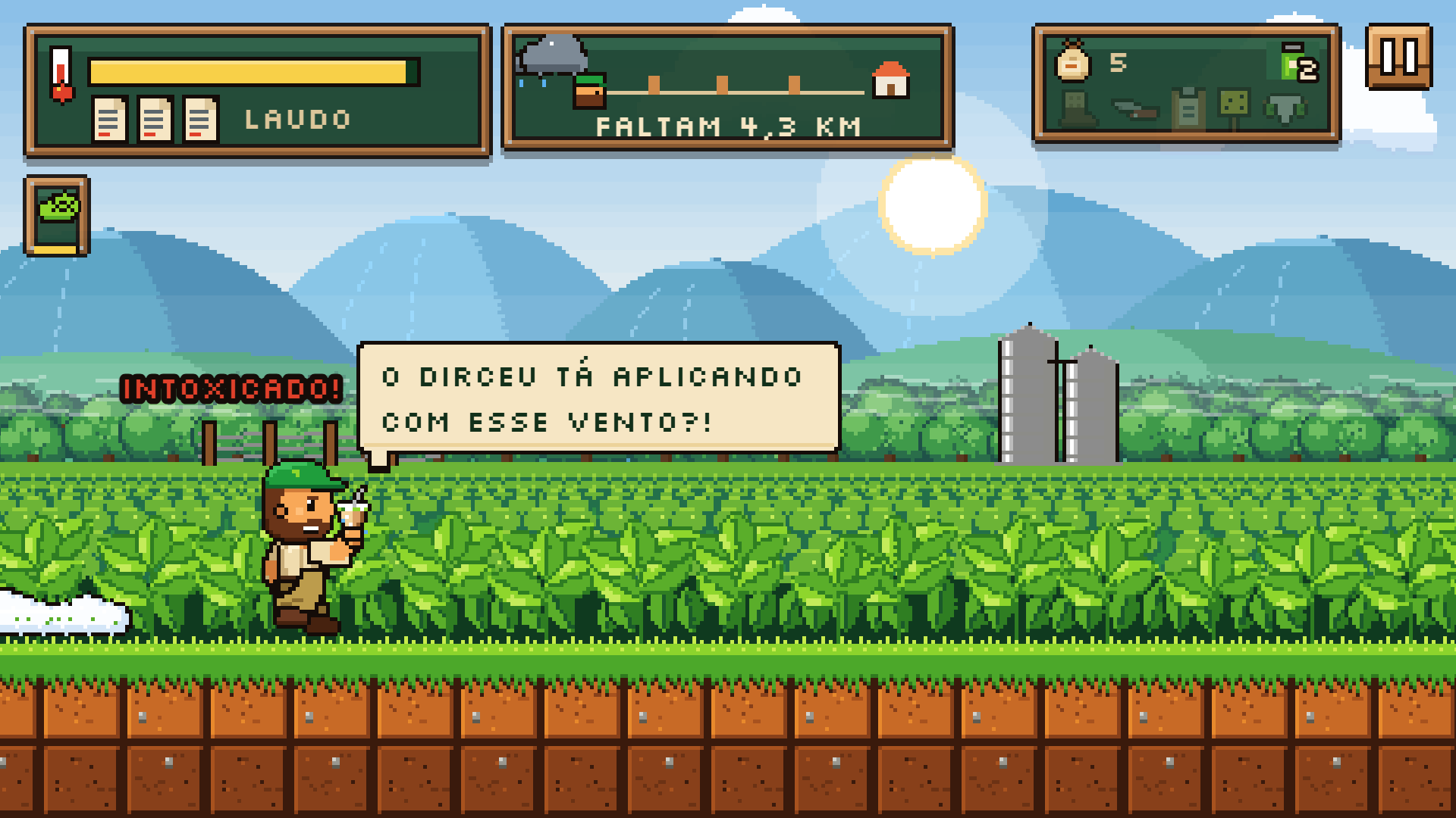 Personagem correndo numa lavoura de soja, com um balão de fala e o aviso INTOXICADO! na tela