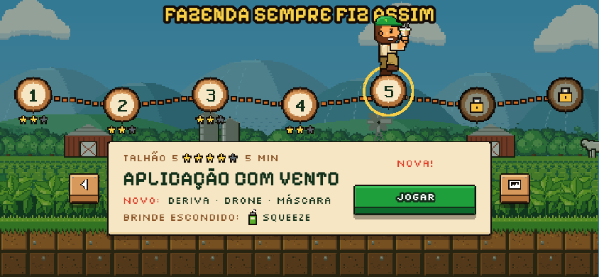 Mapa da fazenda Sempre Fiz Assim, com seis talhões numerados e o talhão 5, Aplicação com vento, selecionado